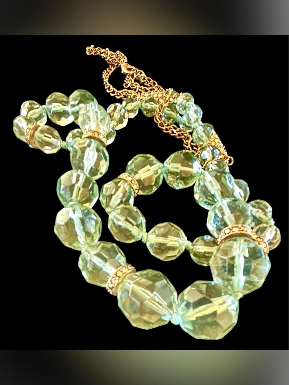 Gold-Accented Translucent Light Green Beaded Necklace